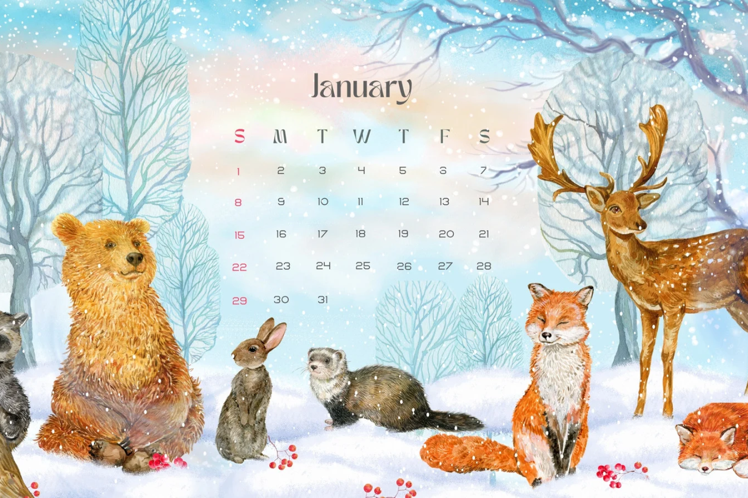 Calendar for january with drawn forest animals.