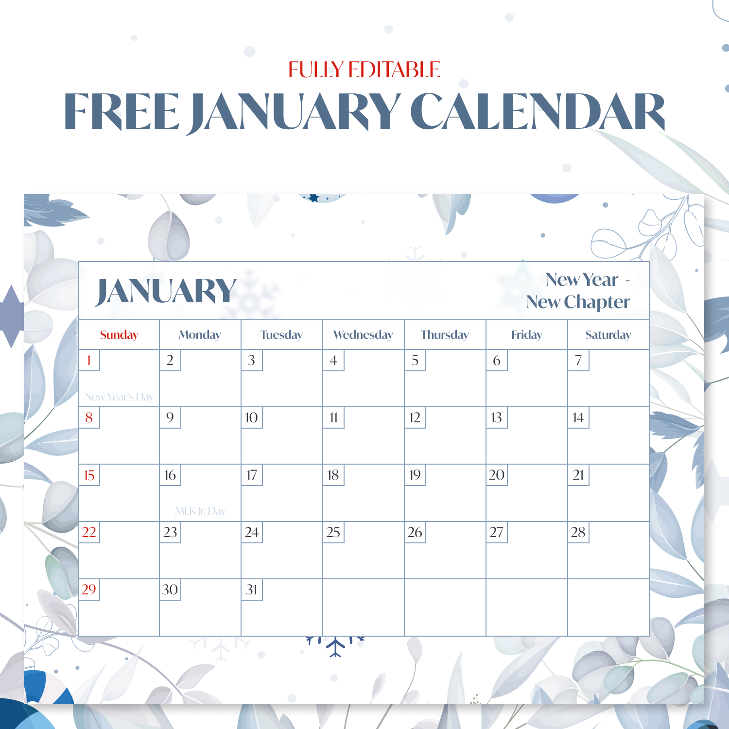 Free Printable January Calendar.