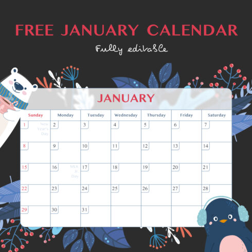 Free January Calendar with Holidays.