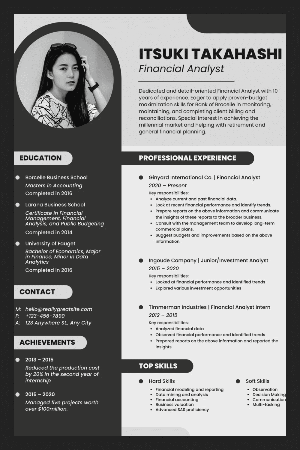 Resume page with round photo, two columns and gray color scheme.
