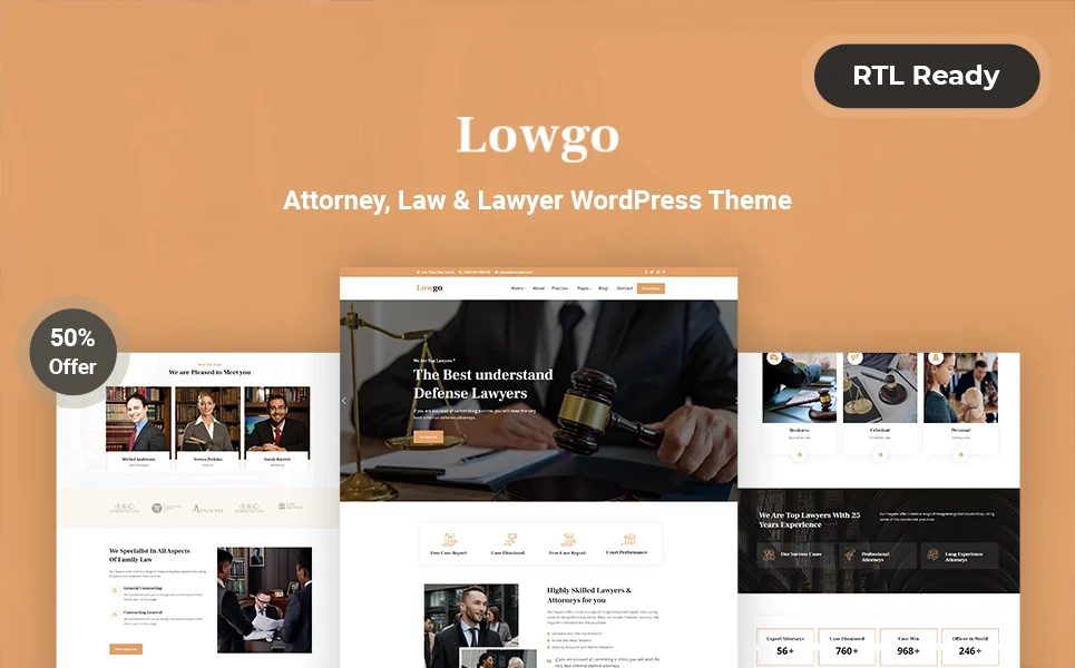 Pink cover with white lettering "Lowgo Attorney, Law & Lawyer WordPress Theme" and 3 templates.