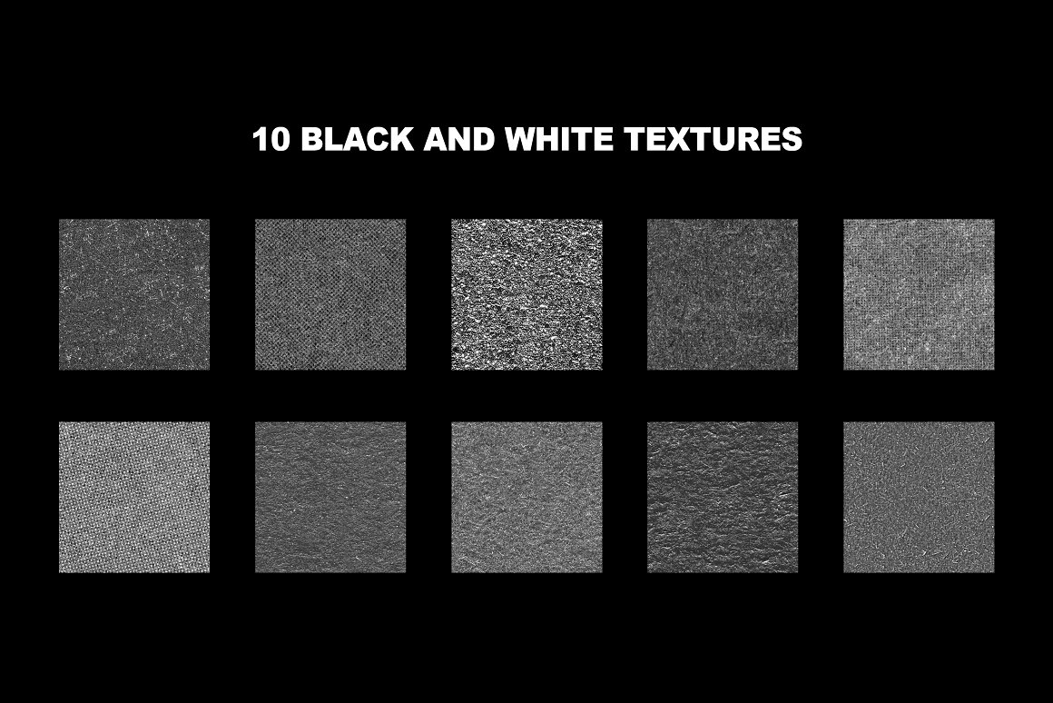 A set of 10 black and white printed paper textures on a black background.