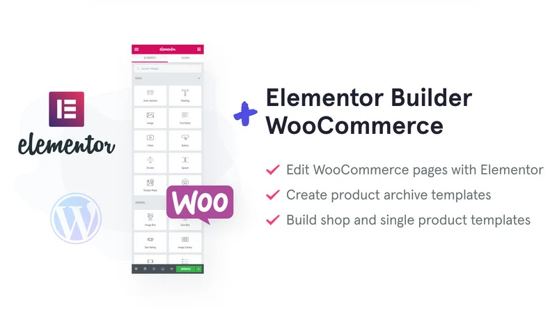 Templates with icons and black lettering "Elementor Builder WooCommerce" and bulleted list on a white background.