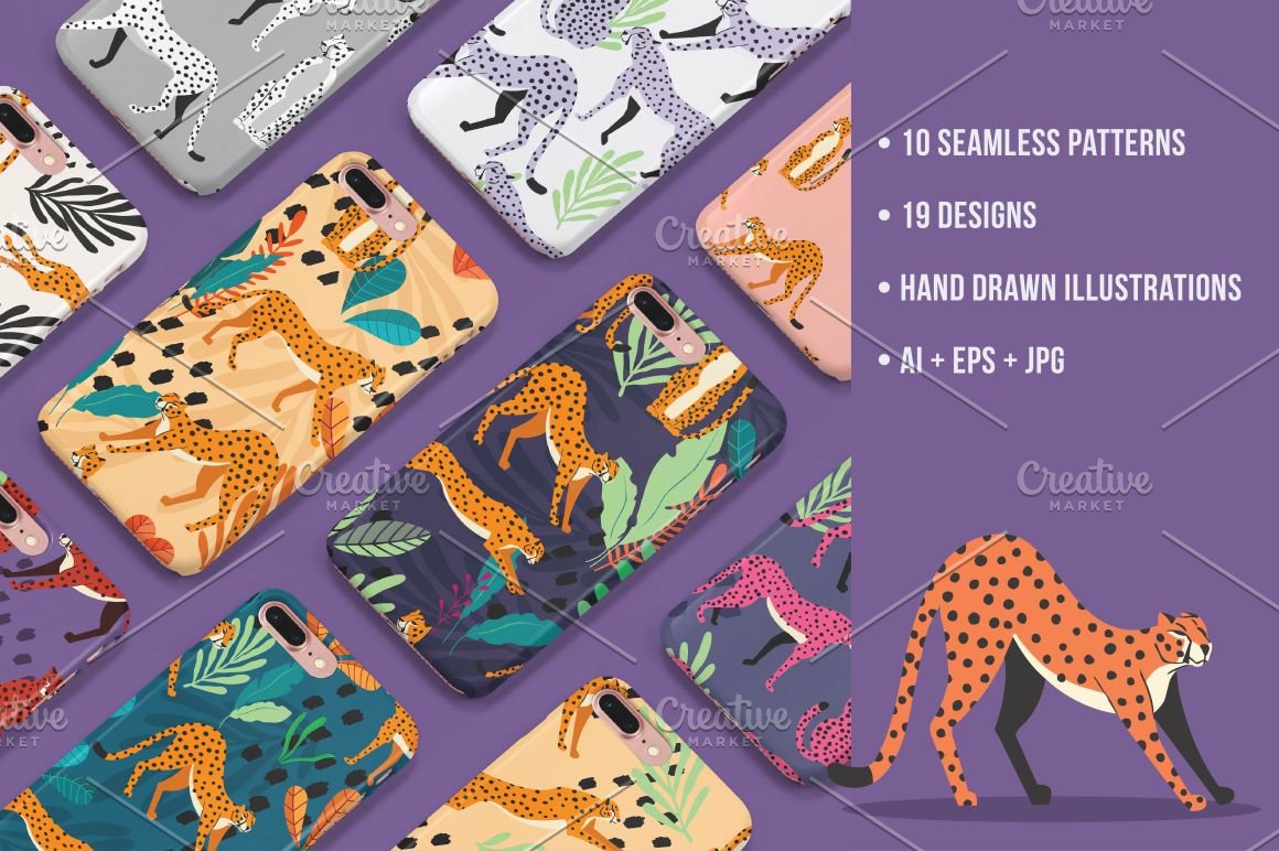 Colorful kit of iphone cases with pattern of cheetahs.