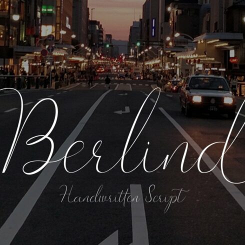 White calligraphy lettering "Berlind" on the background of image of a city.