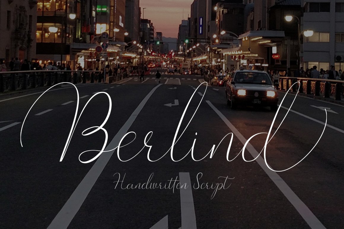 White calligraphy lettering "Berlind" on the background of image of a city.