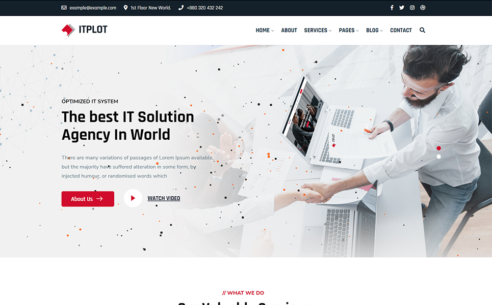 Gray banner of it solution & business consulting with black lettering and red button.
