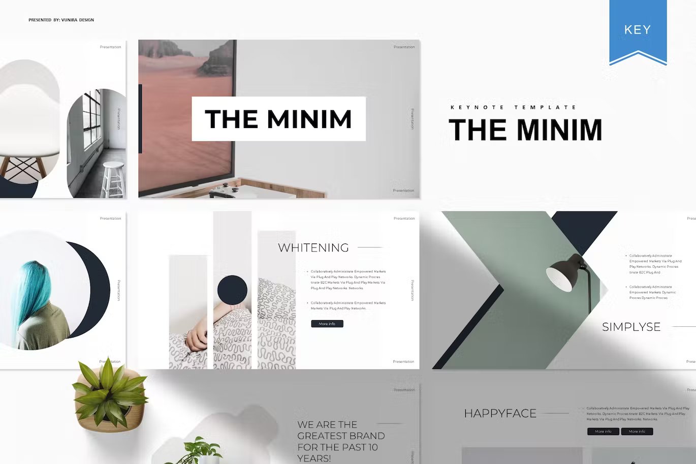 Black lettering "The Minim Keynote Template" and different templates on a gray background.