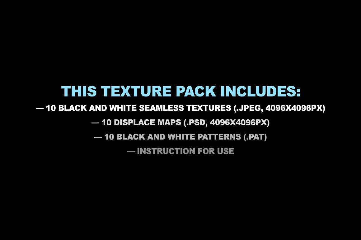 Blue lettering "This Texture Pack Includes:" and white bulleted list on a black background.