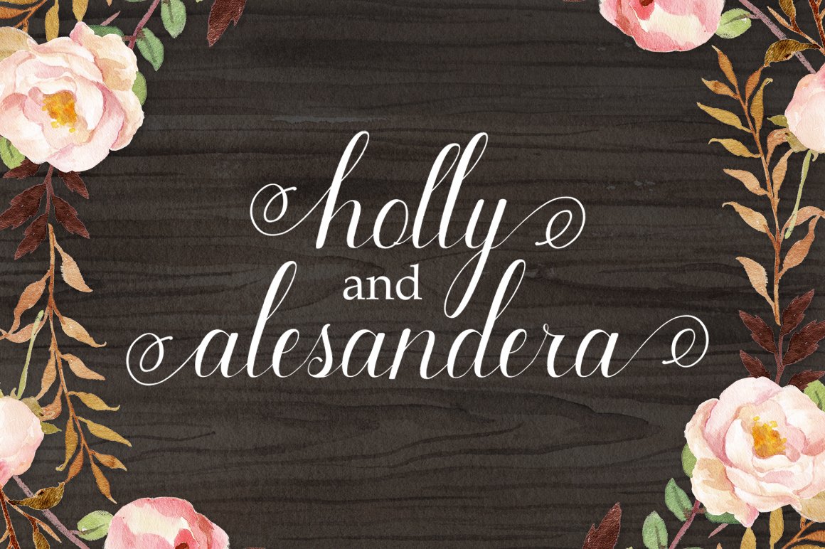 White lettering "Holly and Alesandera" on a wooden background with flower illustrtaions.