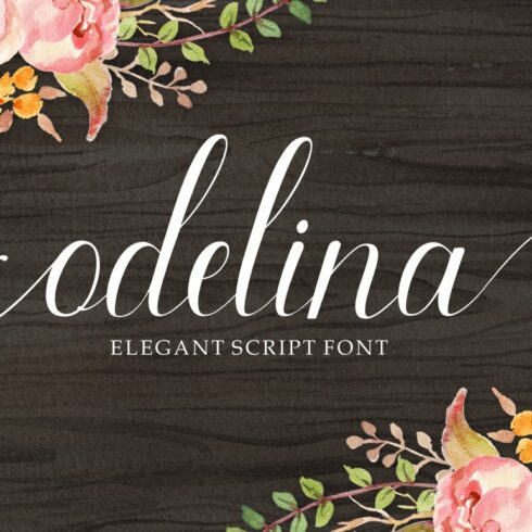 White lettering "Odelina" on a wooden background with flower illustrtaions.