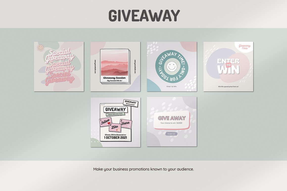6 different giveaway square Instagram templates on a light blue background.