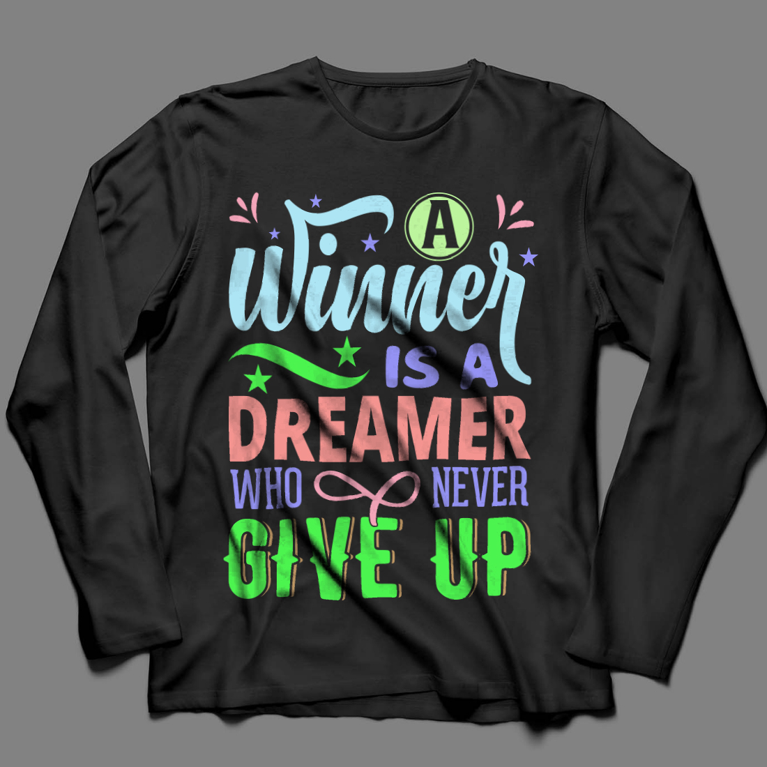 Image of a black sweatshirt with a beautiful inscription a winner is a dreamer who never give ups