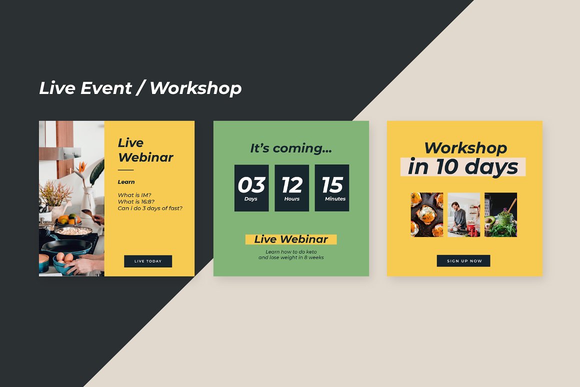 3 different live event / workshop templates on a dark and light gray background.