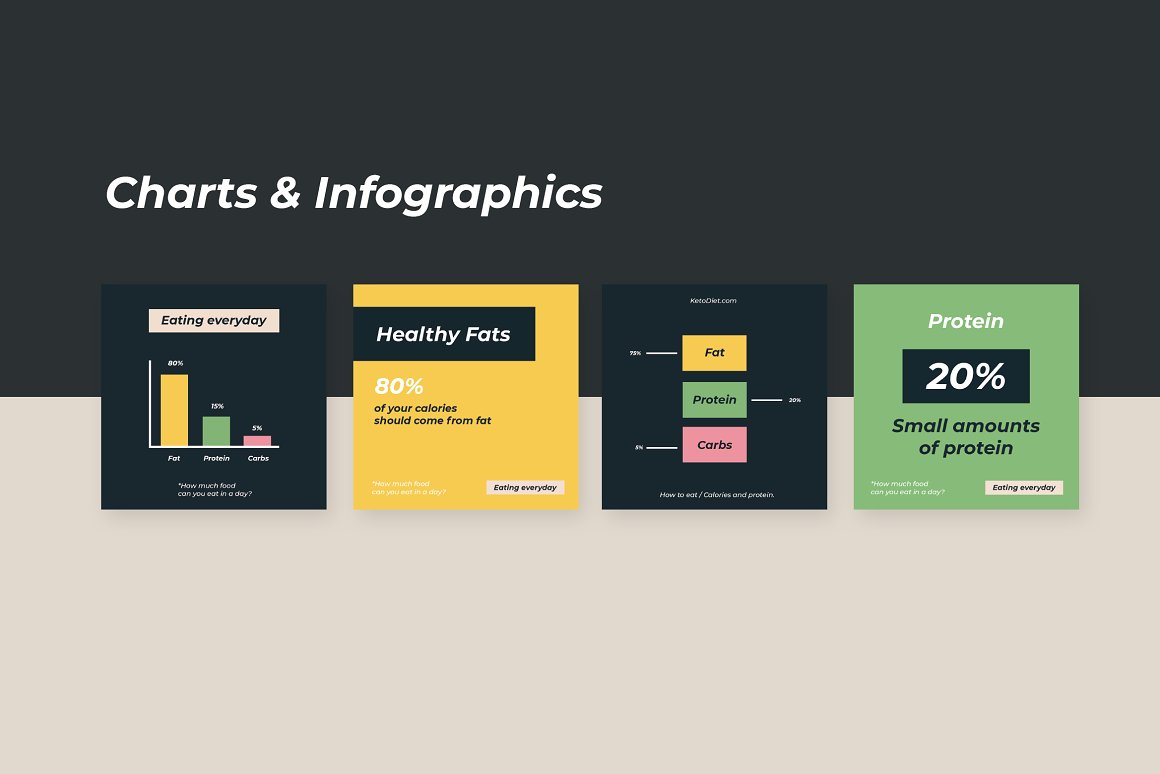 4 charts and infographics templates on a dark and light gray background.