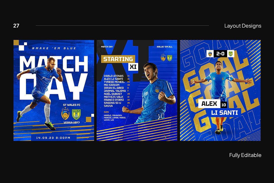 Blue 3 templates of football club Instagram on a black background.