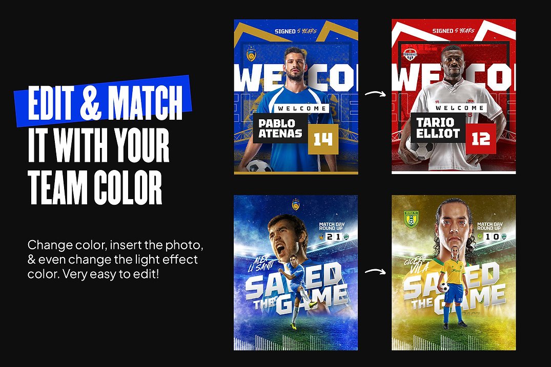 White lettering and 4 different football club Instagram templates on a black background.