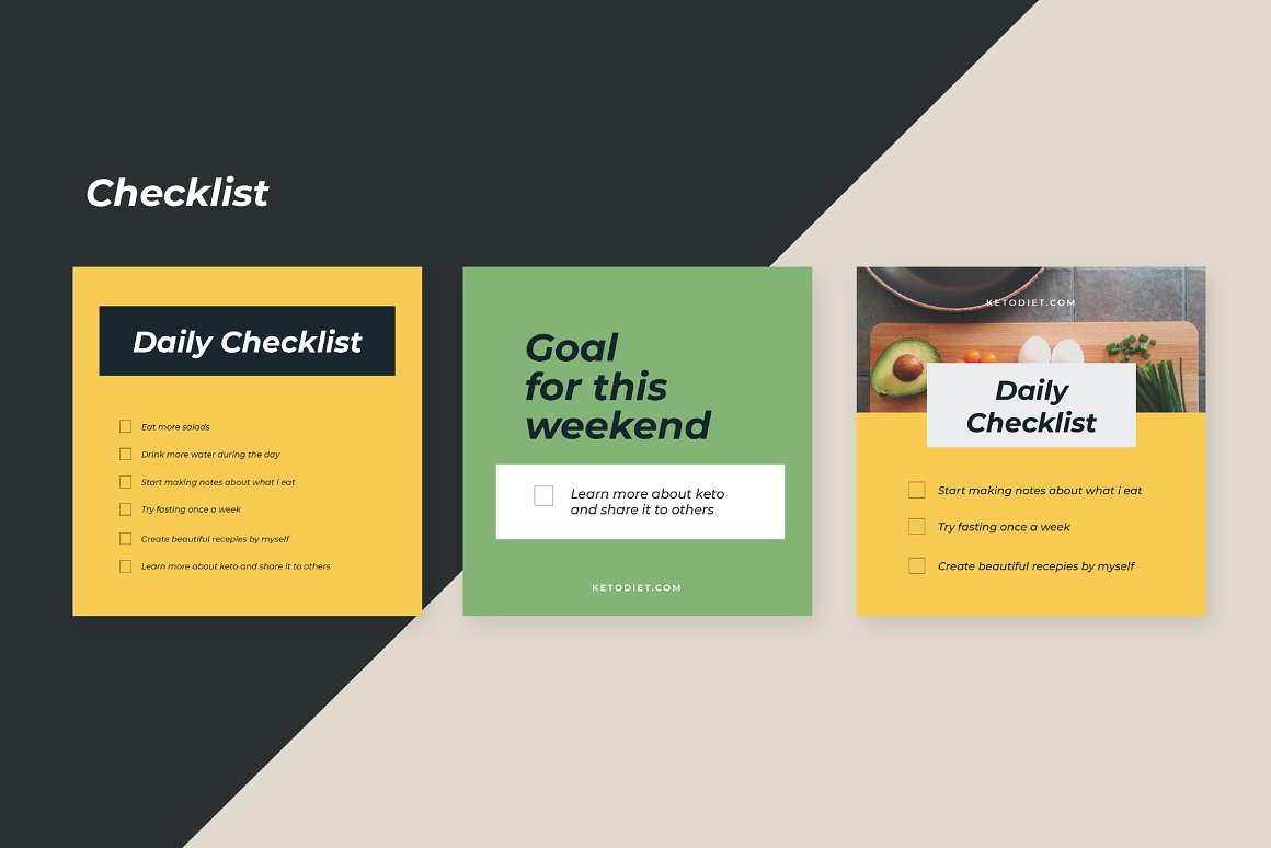 3 different templates of checklist on a dark and light gray background.