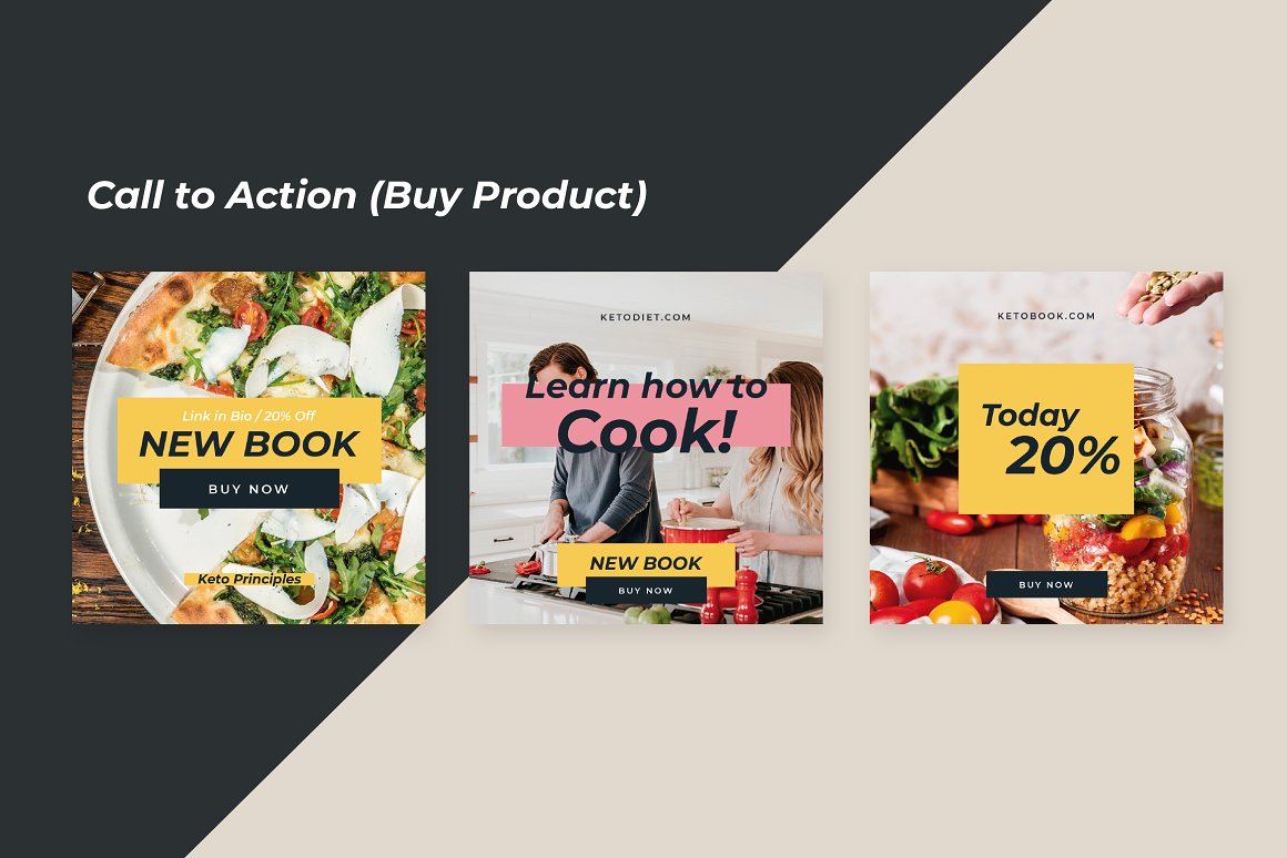 3 call to action (buy product) templates on a dark and light gray background.