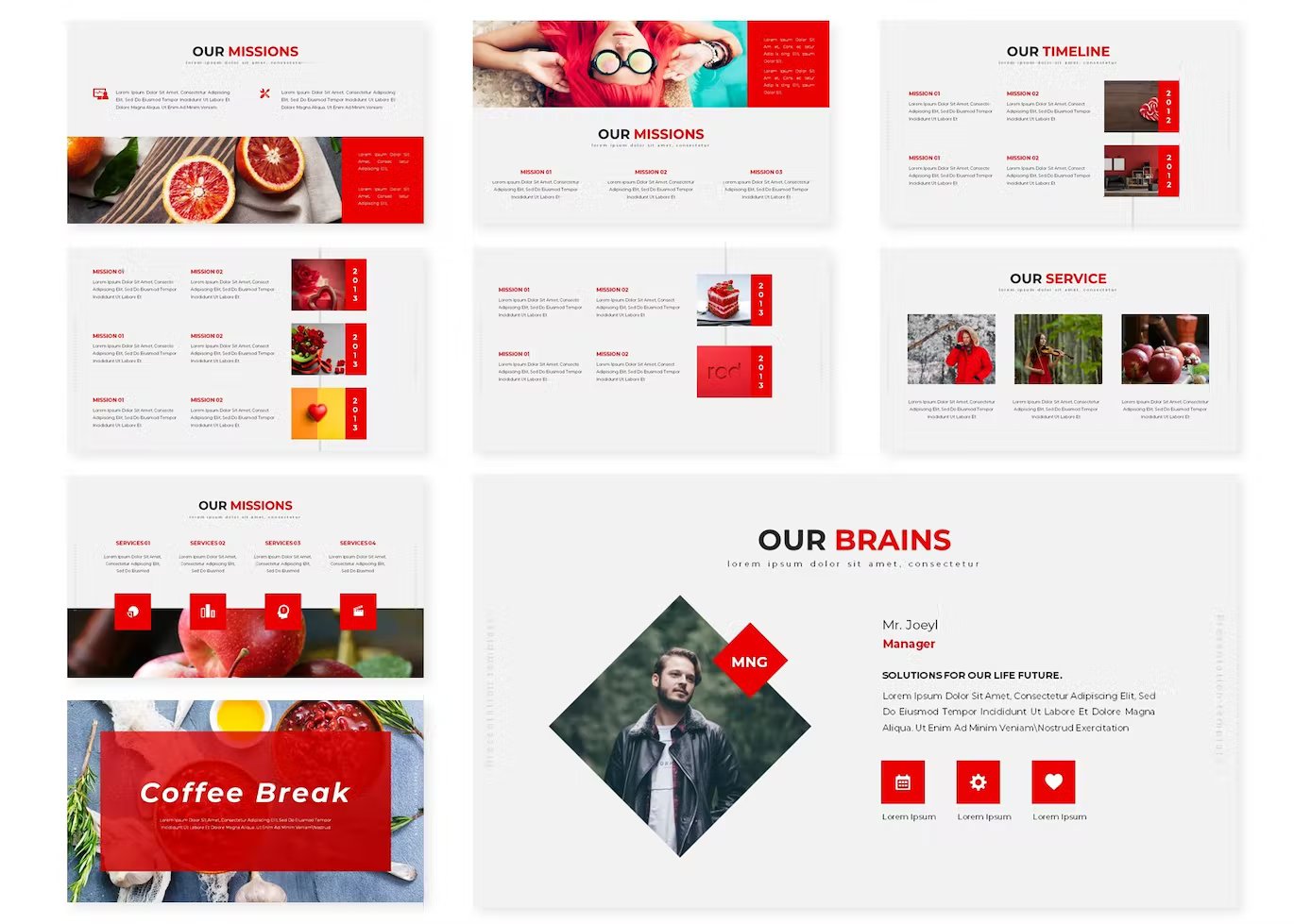 A set of 9 different colorful presentation roster templates.