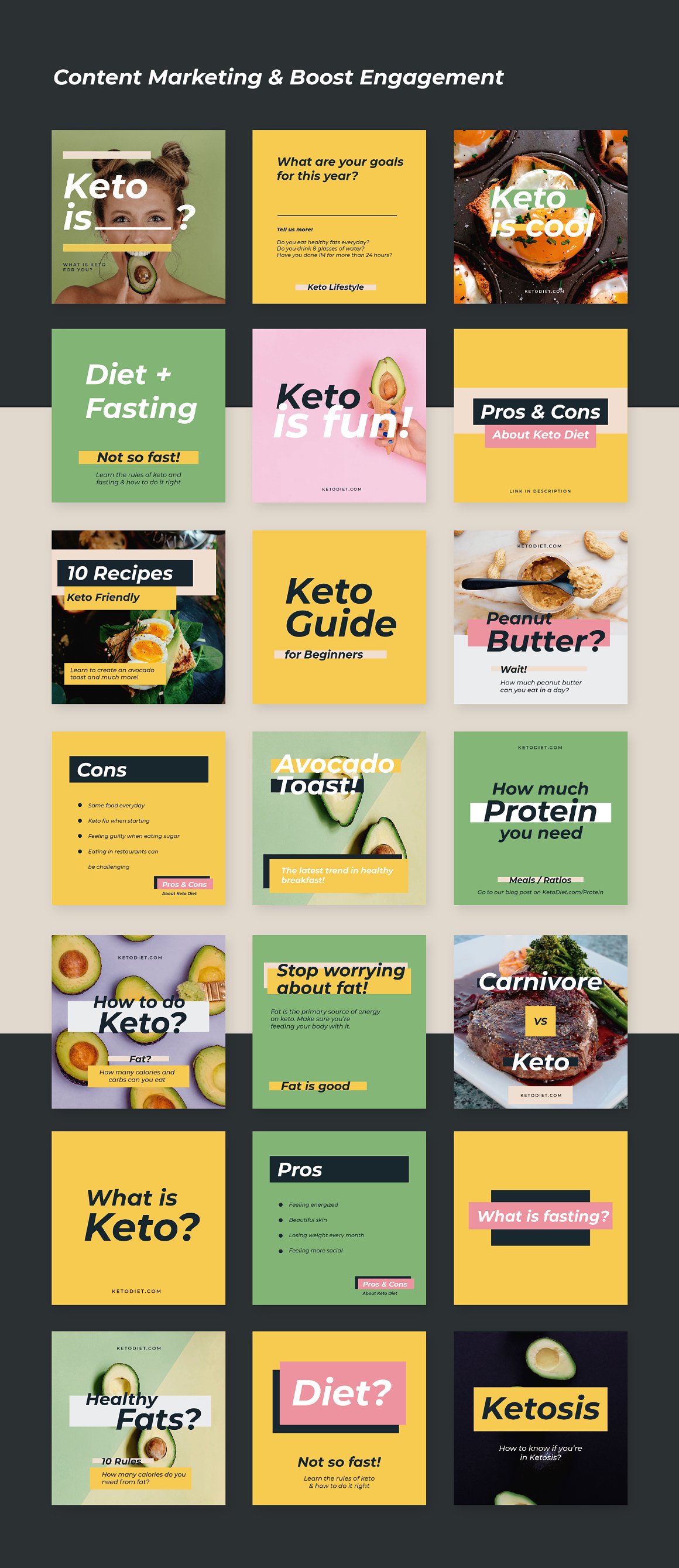 Huge pack of colorful Instagram infographics on a dark and light gray background.