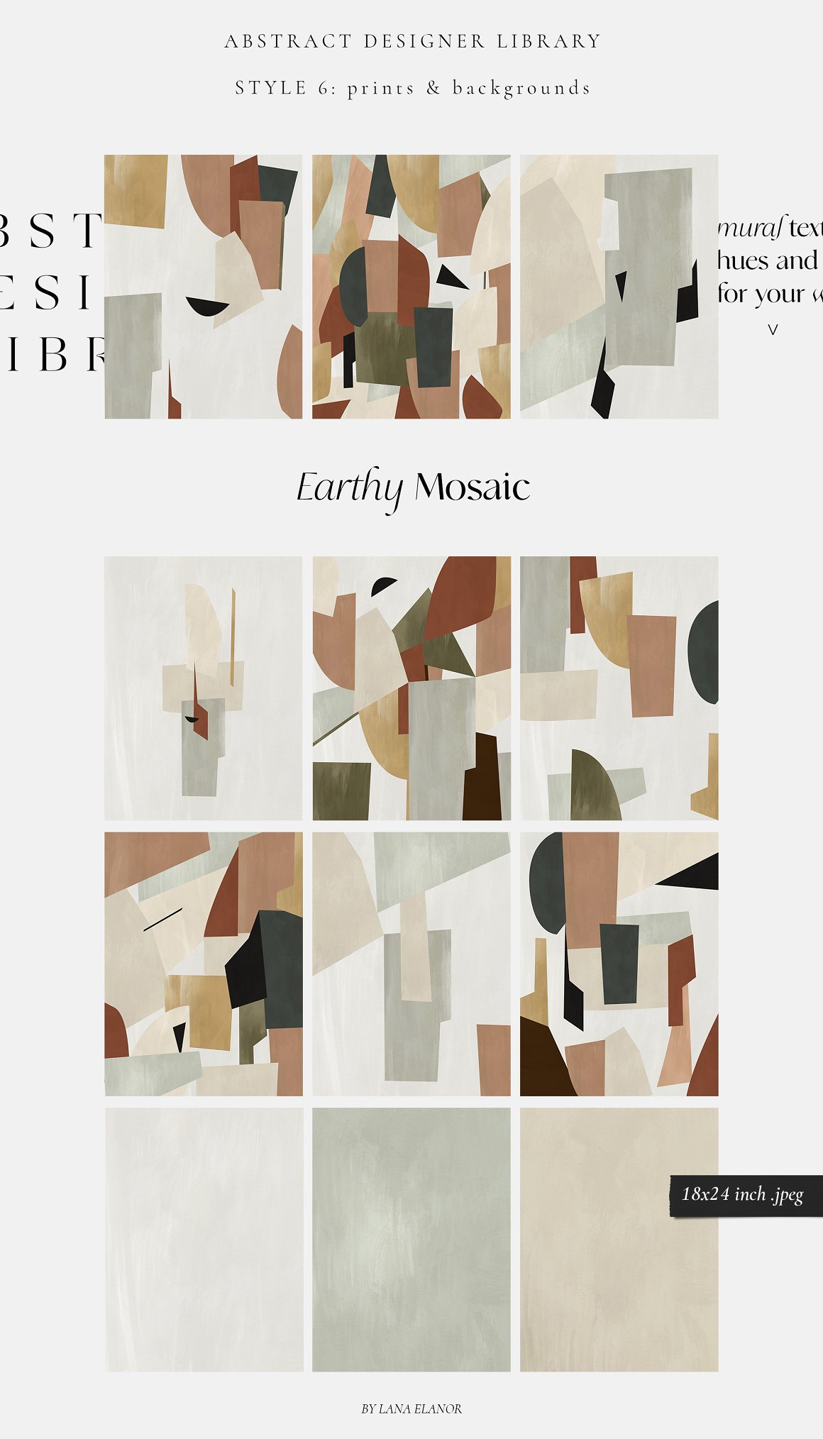 Earthy mosaic library on a gray background.