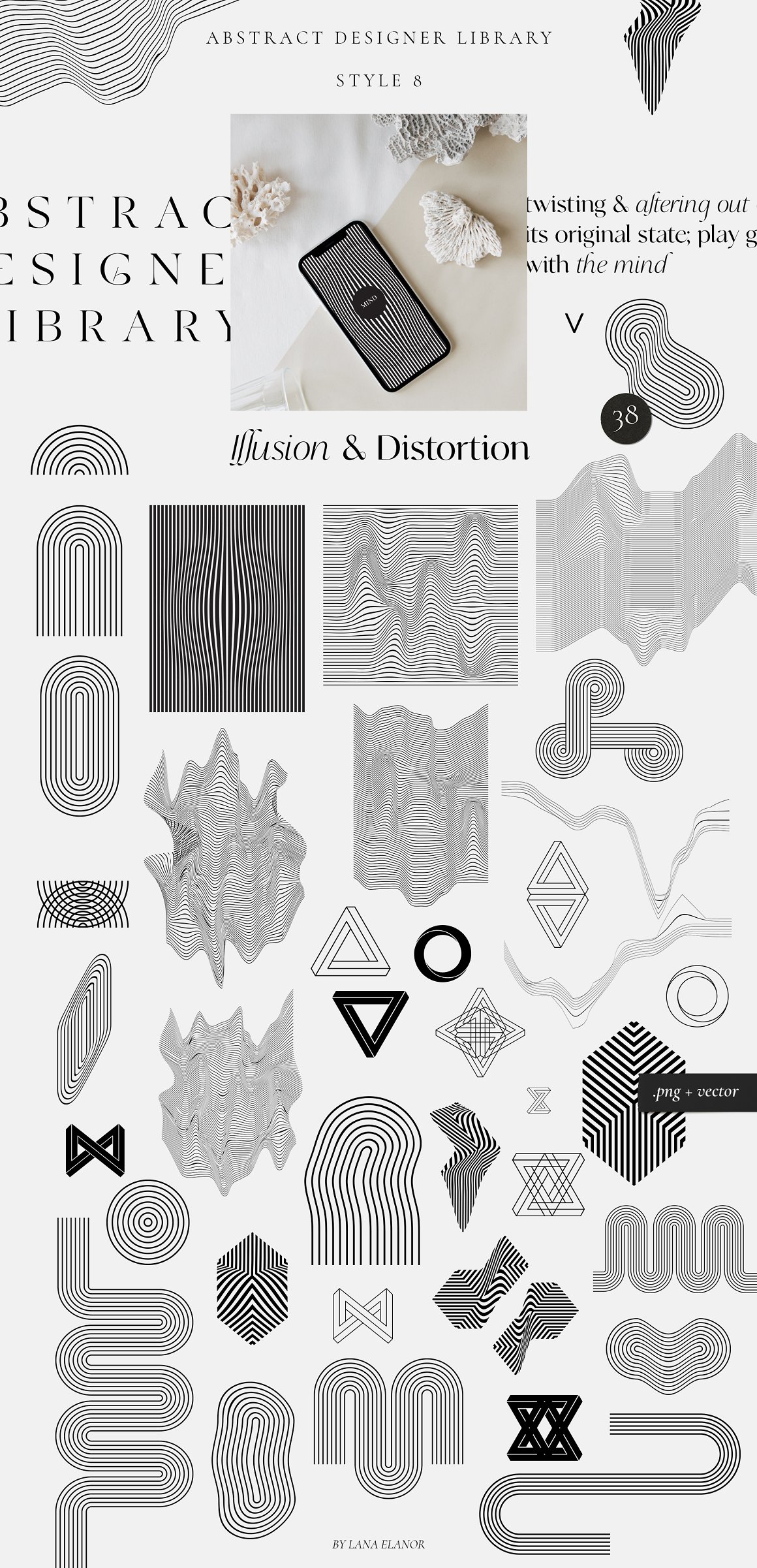 Collection of illusion and distortion on a gray background.