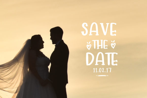 White lettering in adalicia font on the background of couple.
