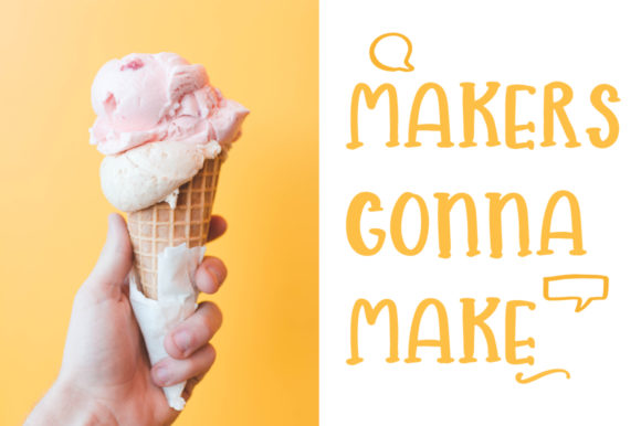Picture of ice cream and orange calligraphy lettering on a white background.