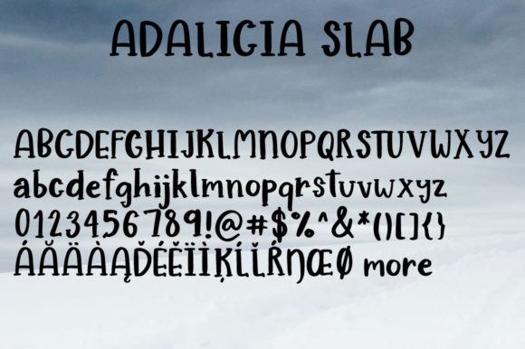 A set of slab black uppercase, lowercase, numbers, fractions and punctuation on sky background.