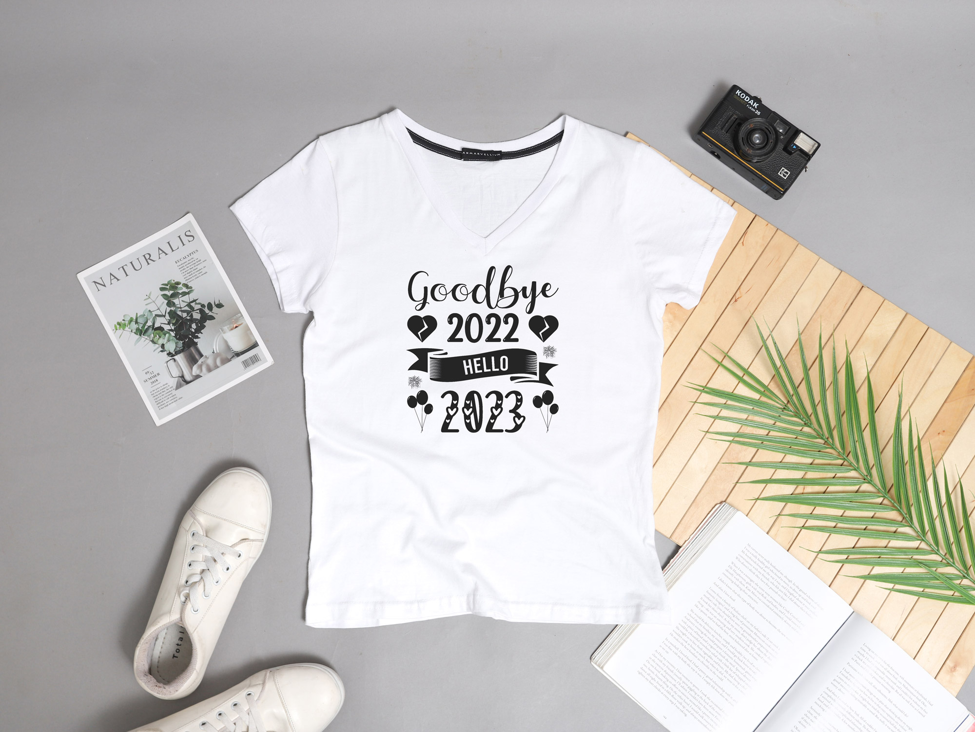 Image of a white t-shirt with a charming inscription Goodbye 2022 hello 2023