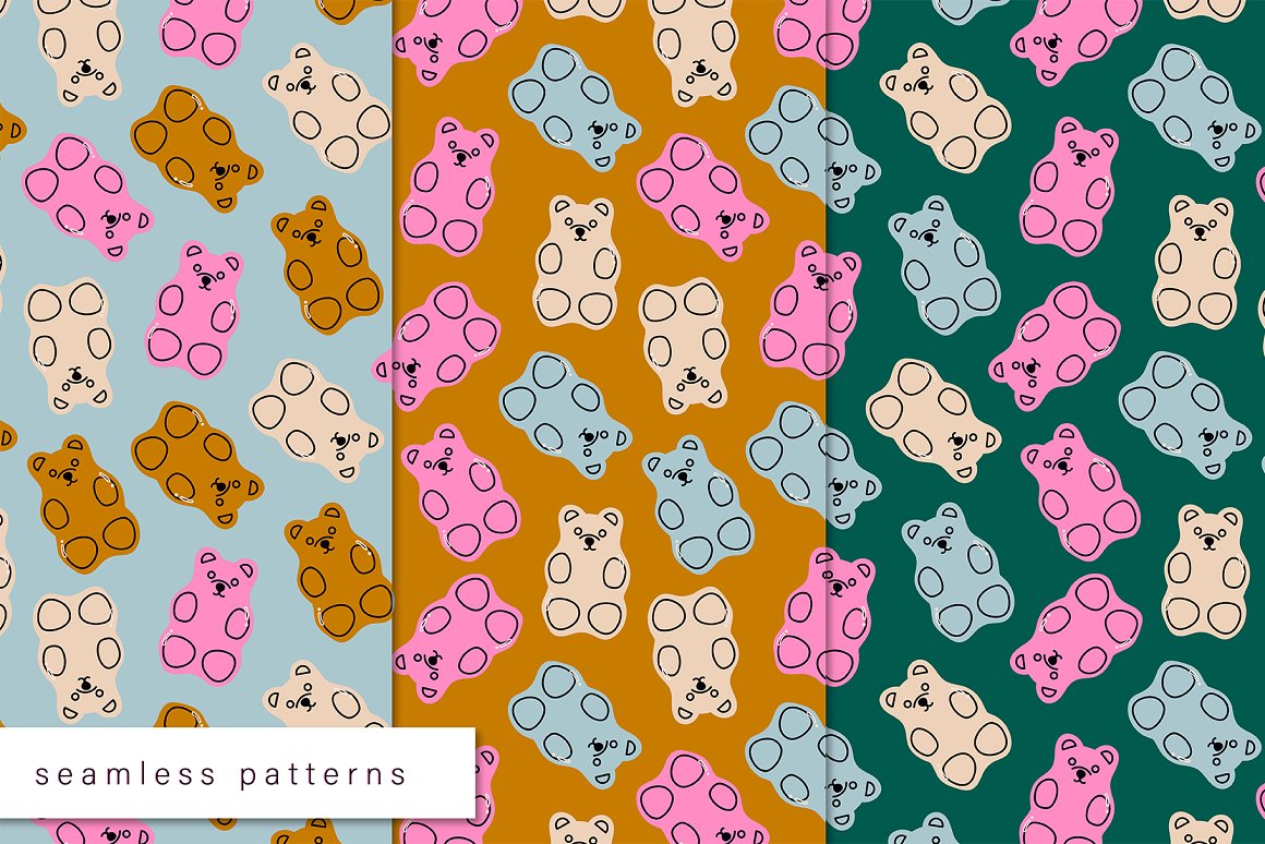 Light blue, yellow and green seamless patterns of happy bears.
