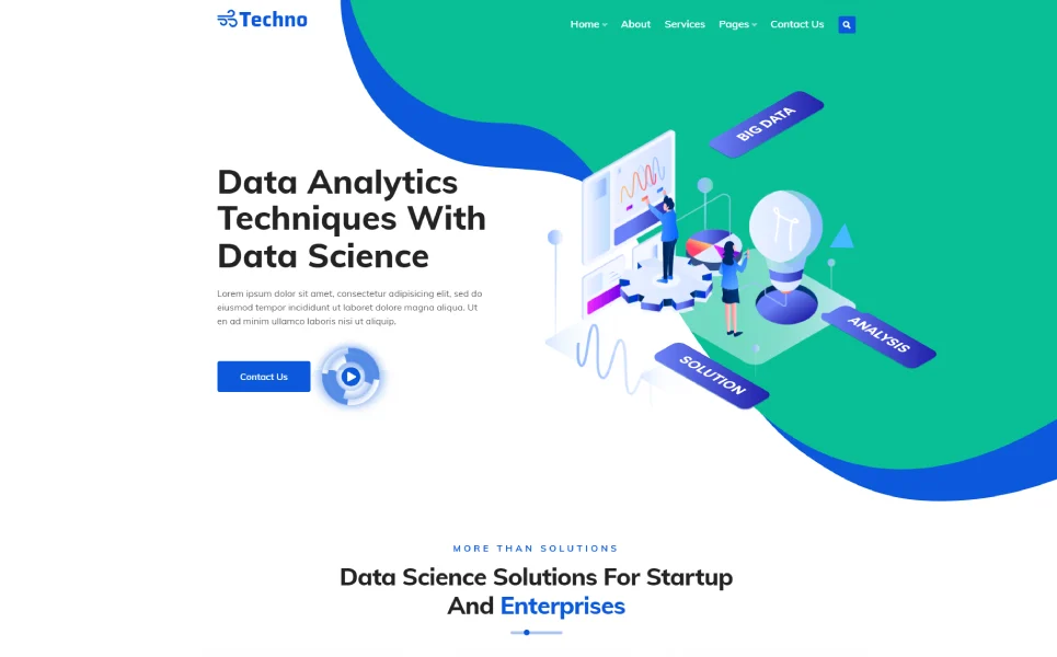 Homepage of techno it solutions & business service wordpress theme in blue, white and green.