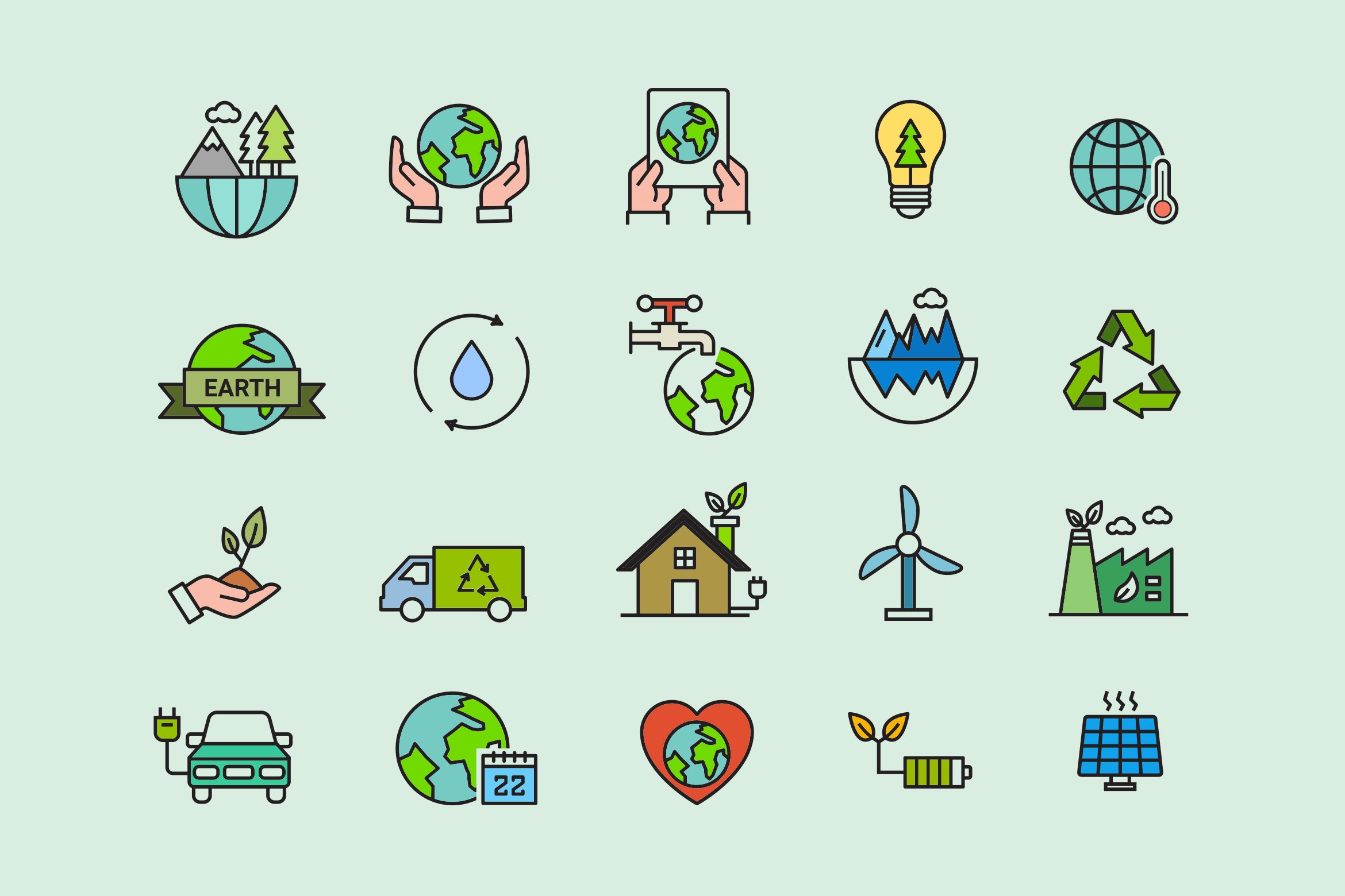 Light green background with colorful Earth Day icons collection.