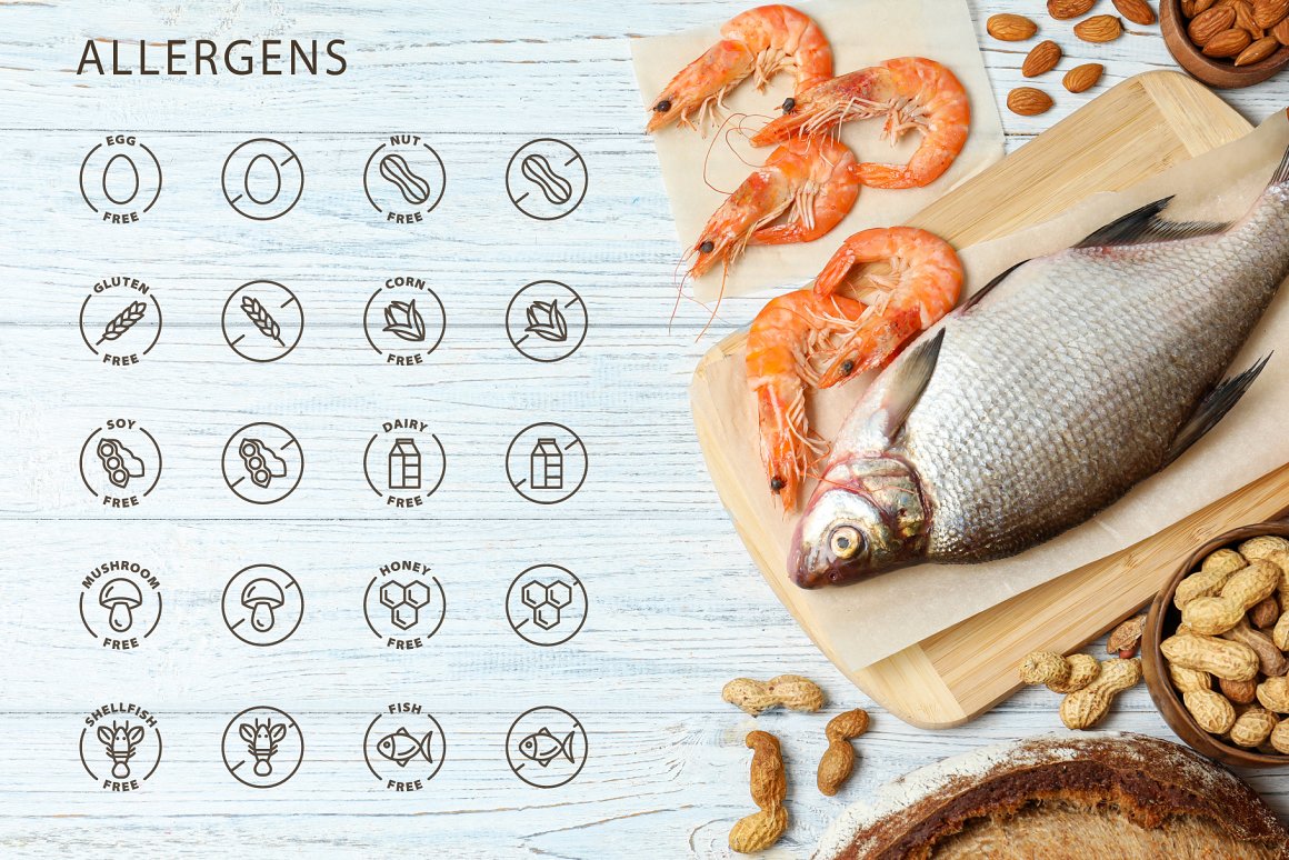 Allergens icons set on the background of sea food and fish.