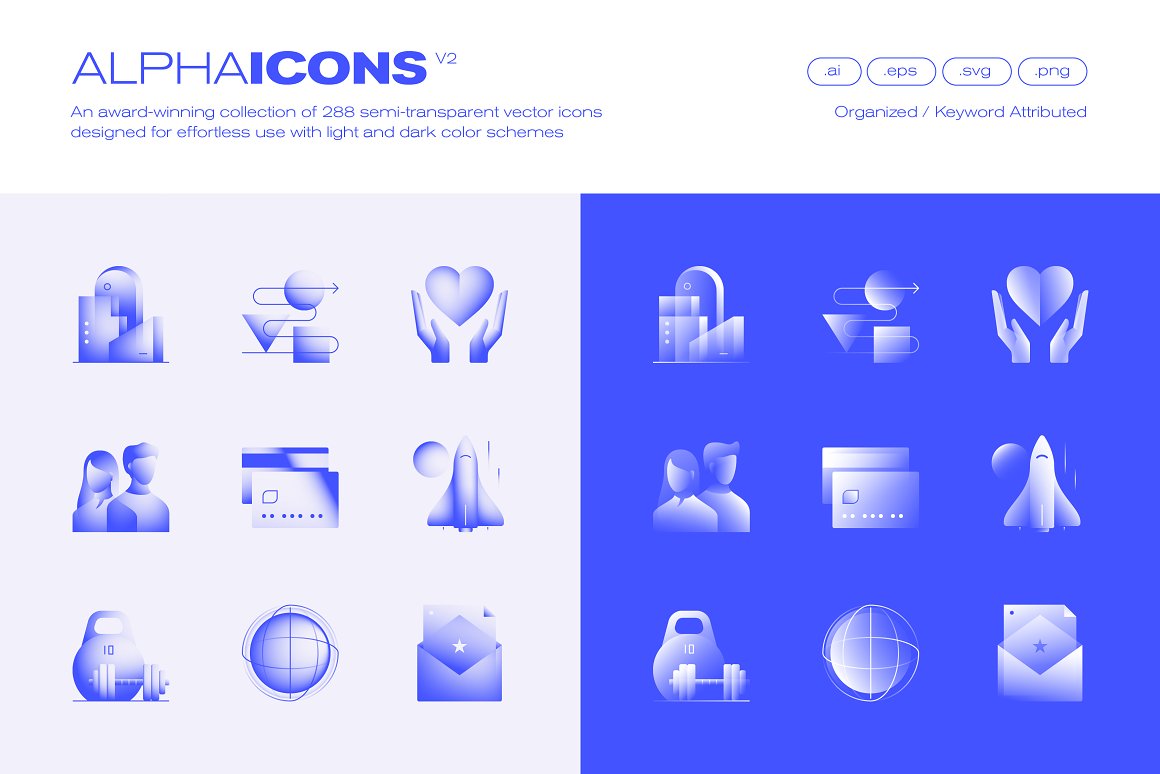 Blue lettering "Alpha Icons" and 9 icons on a gray background and 9 icons on a blue background.
