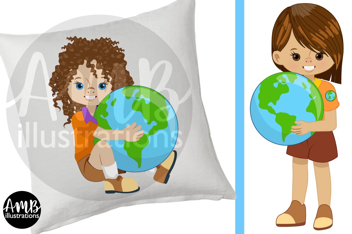 White decorate pillow with the curly girl hugging a planet.