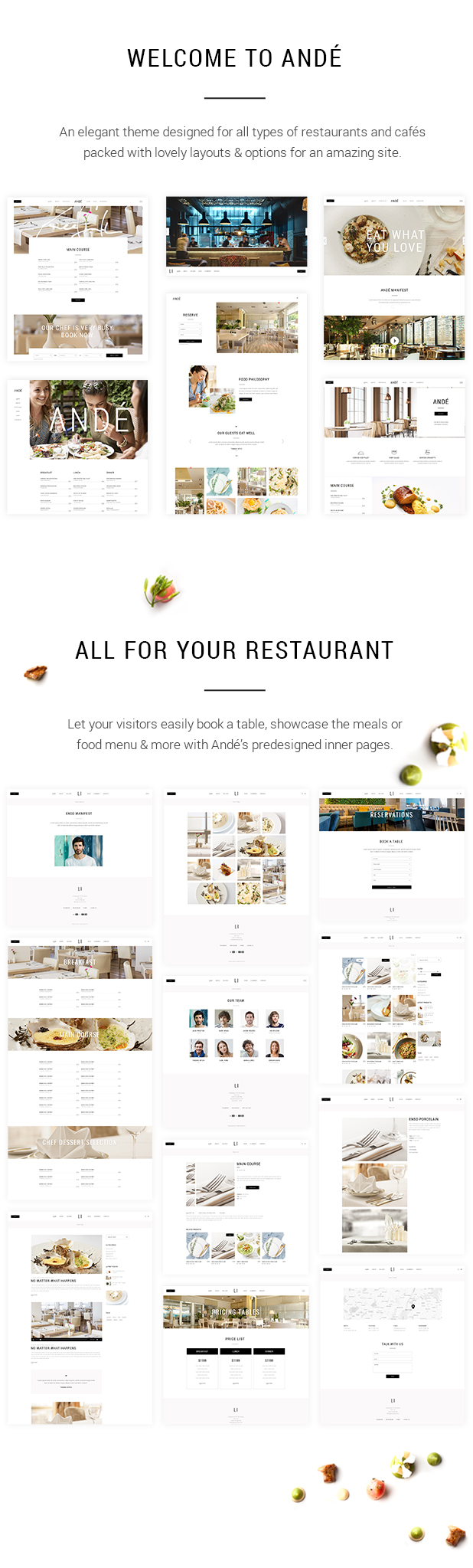 A set of adorable restaurant themed WordPress template pages.