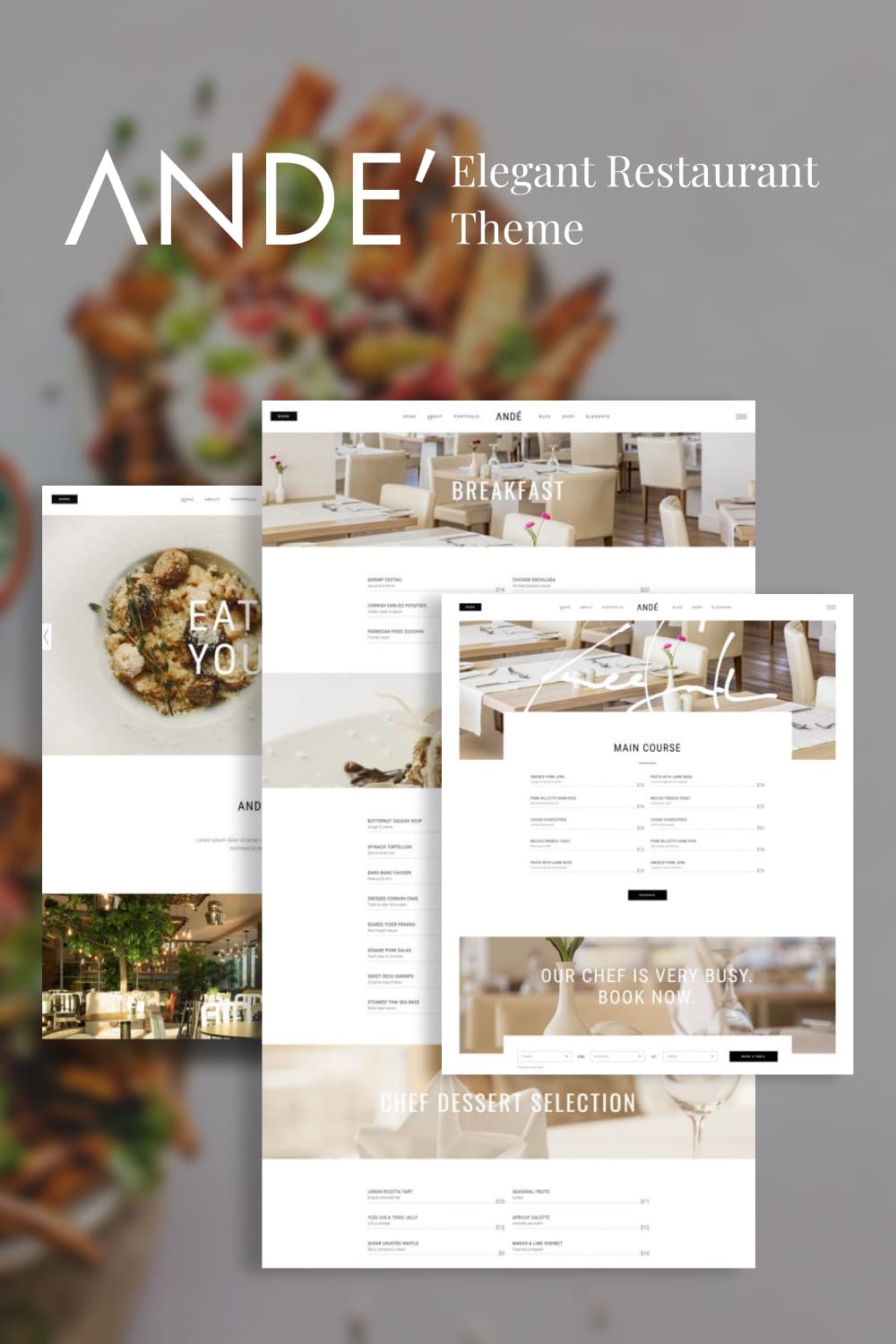 A pack of gorgeous restaurant theme WordPress template pages.