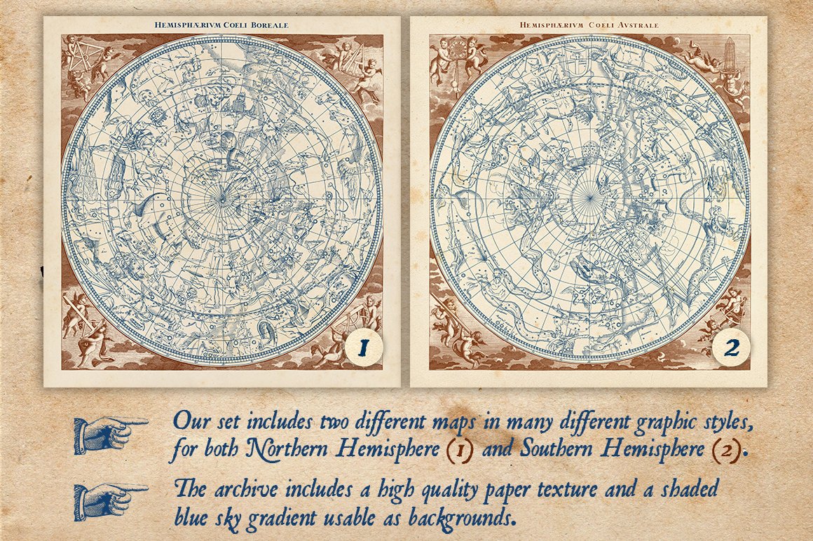 2 vintage star maps in blue and beige colors on a beige background.