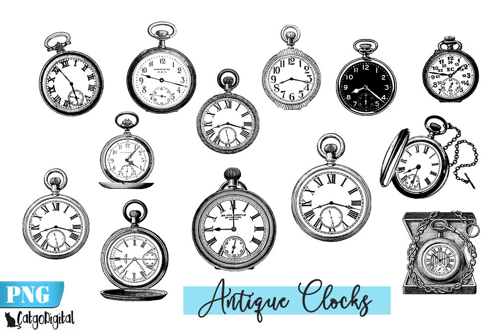 Antique Pocket Watch Clocks Clipart PNG Elements.
