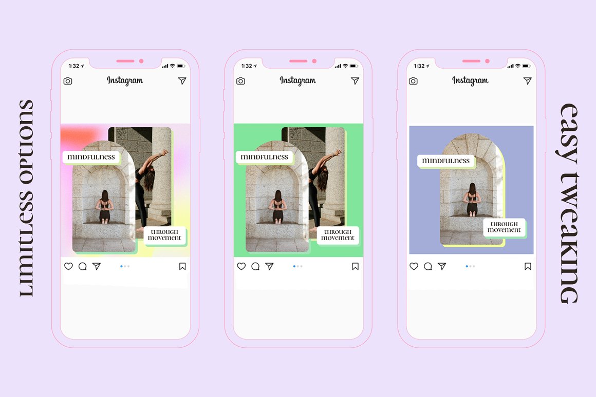 Instagram post in different colors in the 3 iphone mockups.