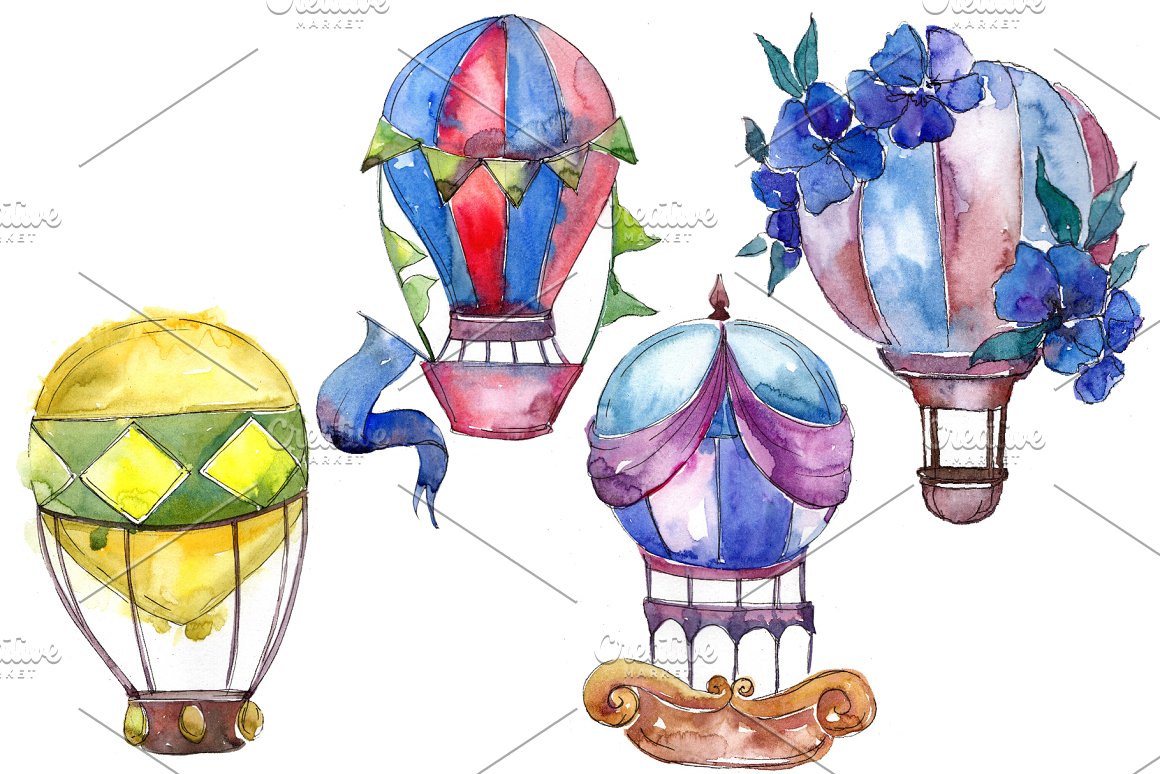 Set of enchanting watercolor images with hot air balloons.
