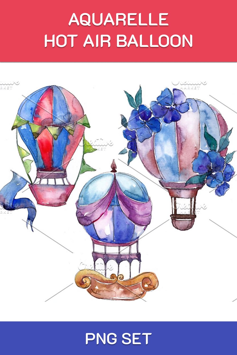 A pack of irresistible watercolor images with hot air balloons.