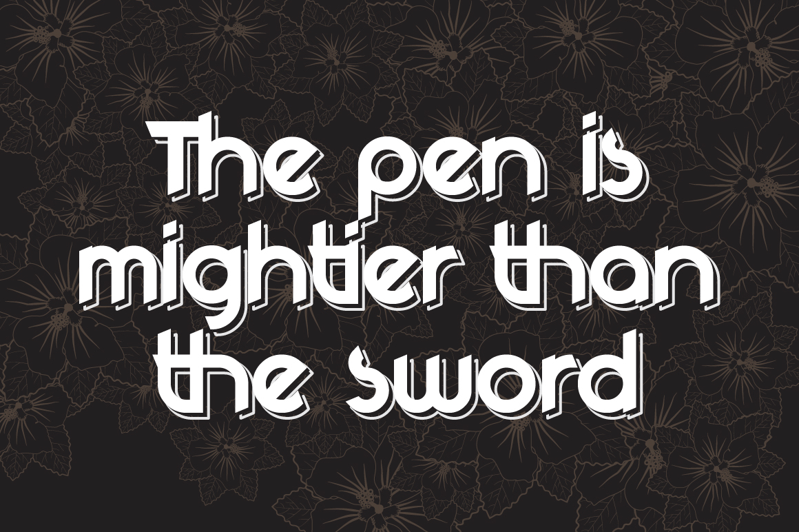 Lettering "The pen is mightier than the sword" in white on a brown background.