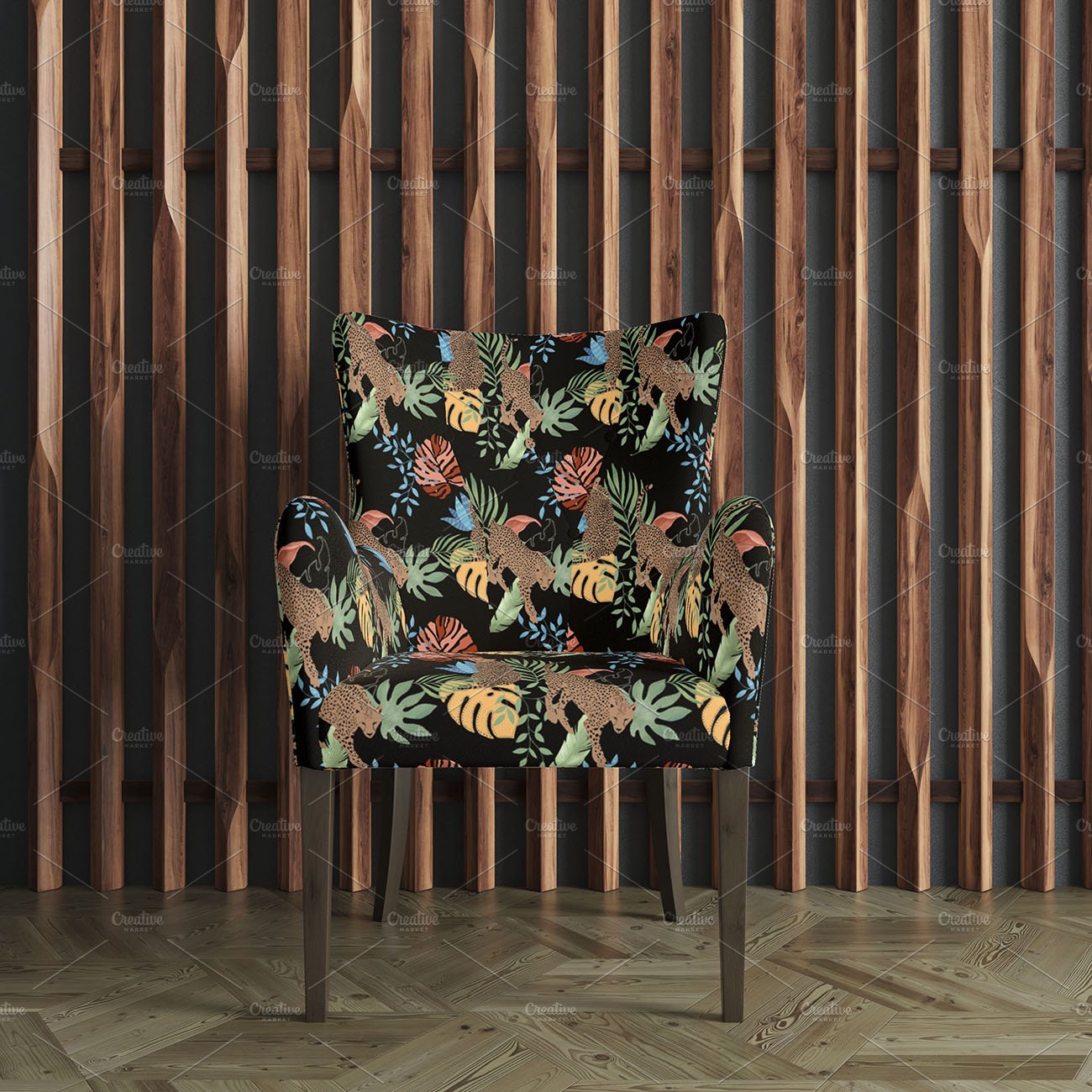 Stylish chair with green leaves and leopards.