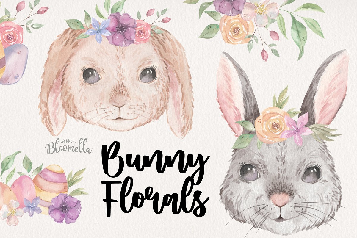 Cover image of Bunny Florals Watercolor Clipart.