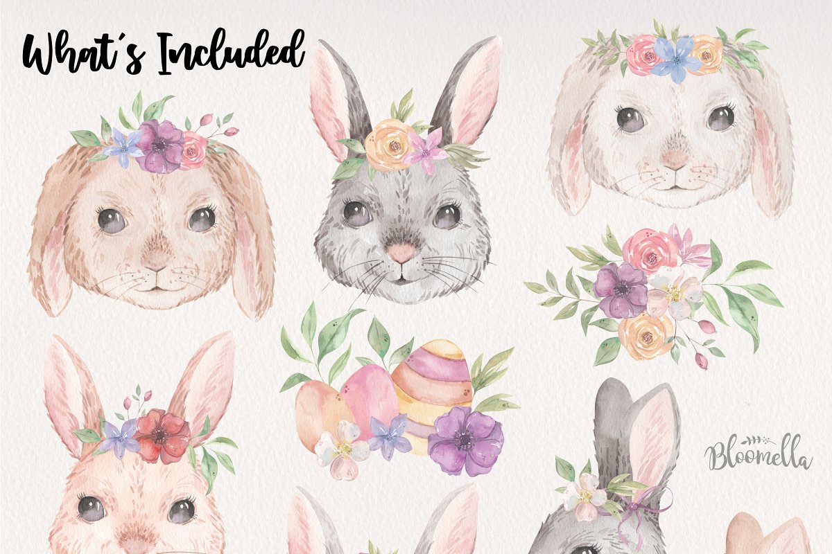 Big diversity of cute watercolor bunnies.