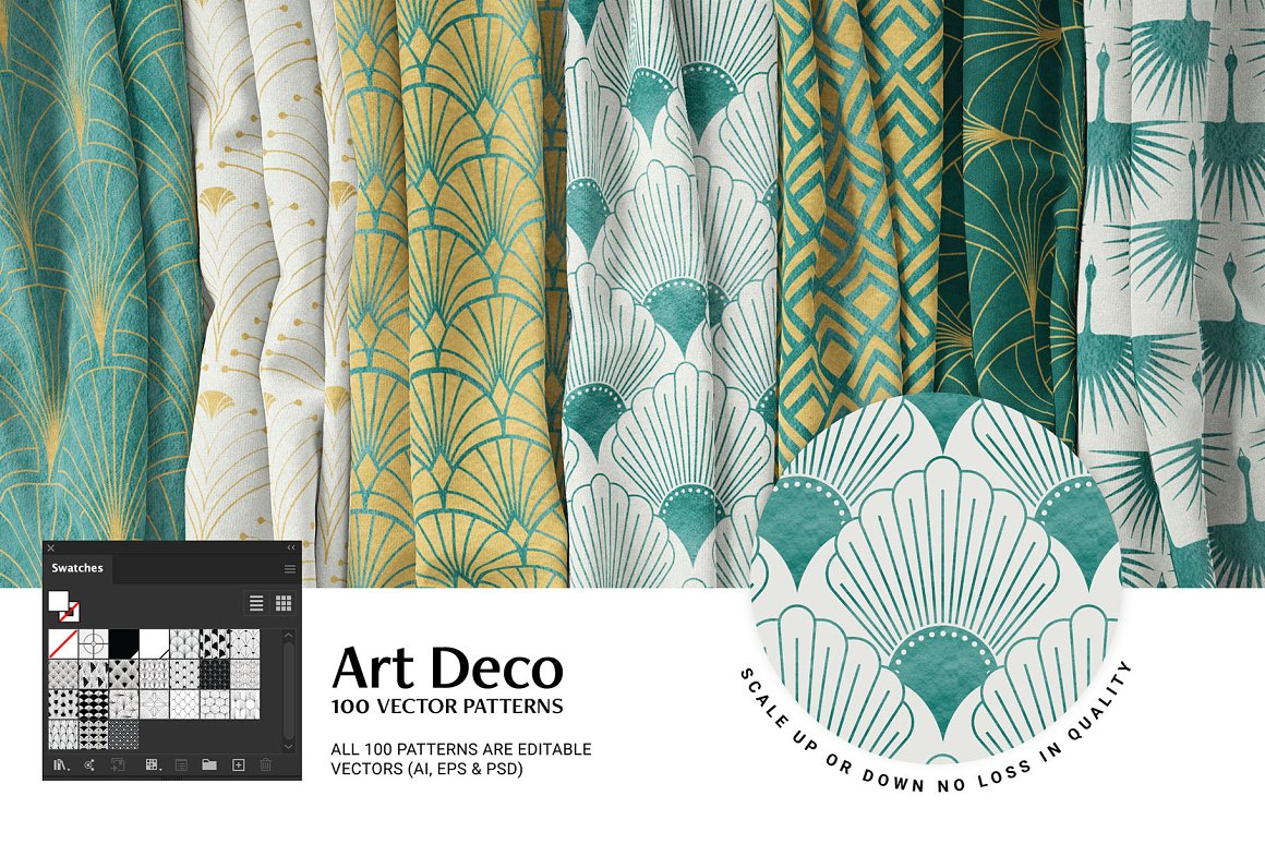 A set of different textiles with art deco patterns.