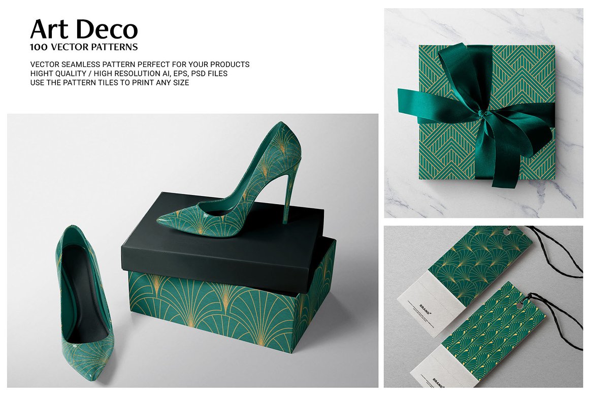 3 different images with art deco patterned products.